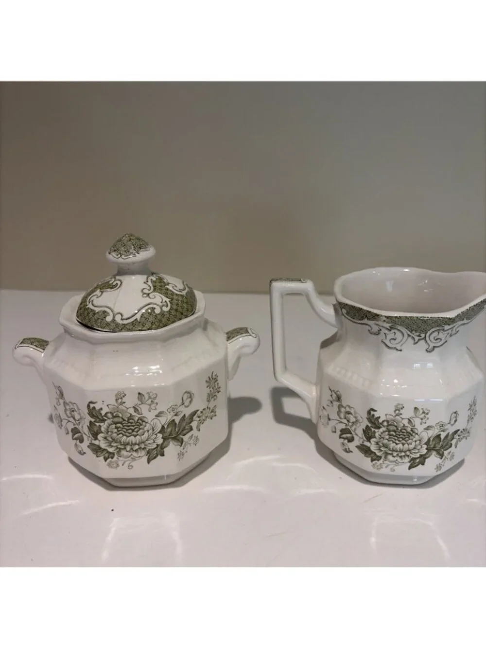 Kensington Balmoral Creamer & Sugar Bowl Staffordshire Ironstone Green England